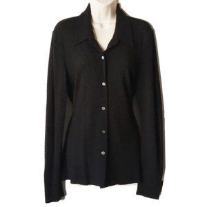 DKNY Dot-Textured Stetch-Knit Button-Down Long Sleeve Blouse L MADE IN USA